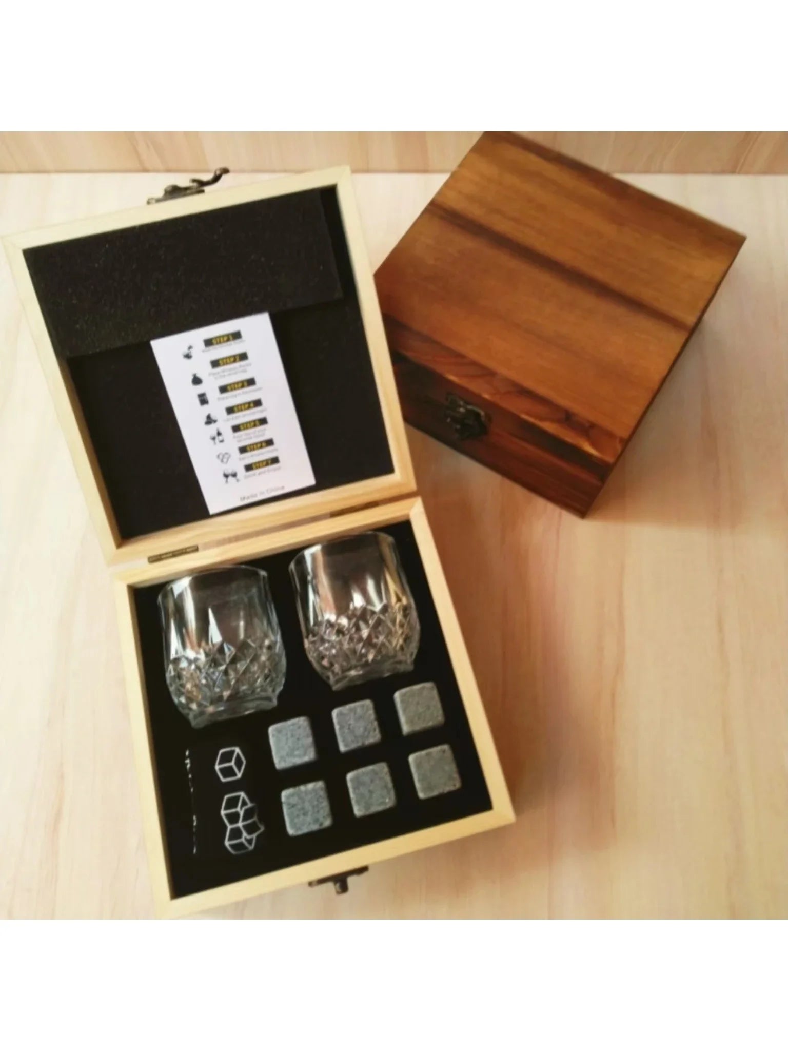 Father's Day Gift for Men Whiskey Stones Glasses Set Granite Ice Cube for Whisky in Wooden Bottle Box Present for Dad Husband