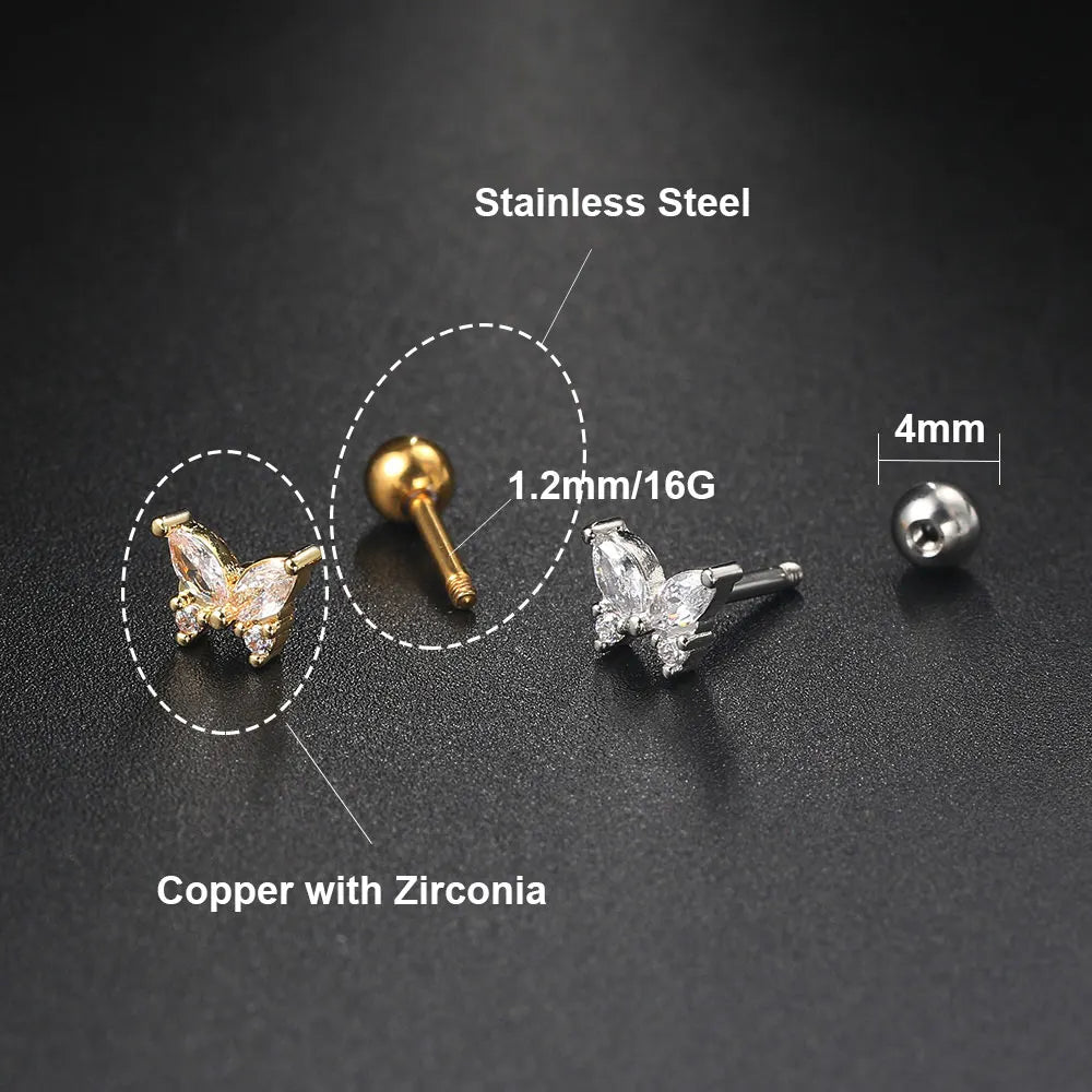 1PC Tragus Rook Helix Ear Piercing Earring For Women Butterfly Zircon Ear Cartilage Drop Piercing Moon Ear Hoop Lobe Jewelry