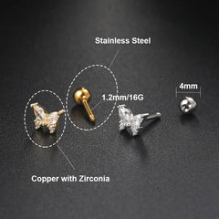 1PC Tragus Rook Helix Ear Piercing Earring For Women Butterfly Zircon Ear Cartilage Drop Piercing Moon Ear Hoop Lobe Jewelry