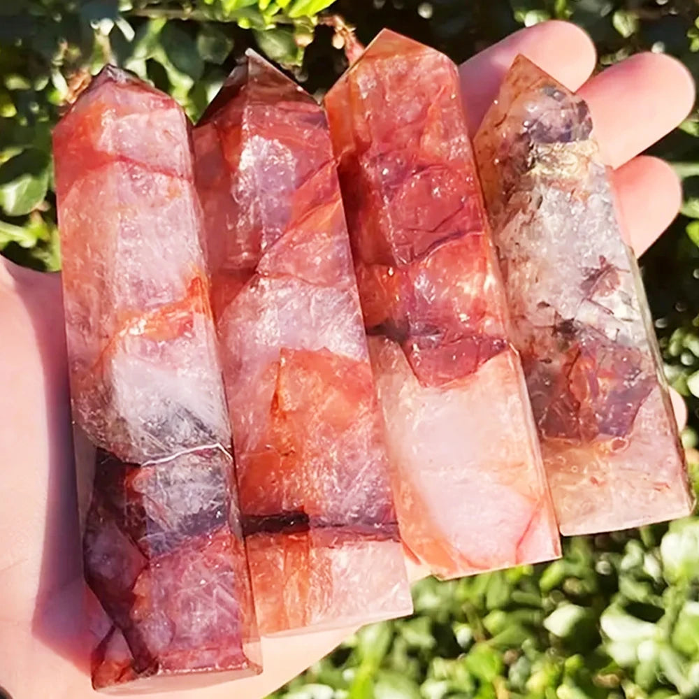 Red Gum Flower Hexagonal Prisms Obelisk Crystal Single Pointed Hexagonal Home Decoration Crystal Tower Crafts Gift