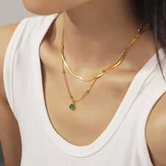 Daily Necklace for Women Waterproof Stainless Steel Chain Gold Plated Green Glass Stones Pendant Couple Jewelry Gift