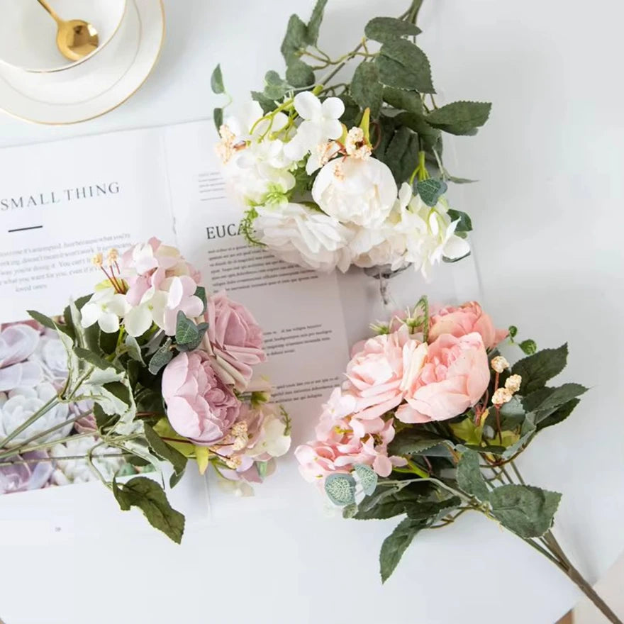Cheap Silk Hydrangea Spring Wedding Garden Roses Bridal Bouquet Festival Decoration Vase Home Room Fake Peony Artificial Flowers