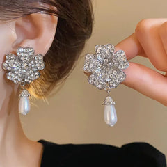 Flower Party Necklaces Women French Luxury Imitation Pearl Multi-layer Necklaces Bracelet Earrings Shiny Rhinestone Jewelry Sets