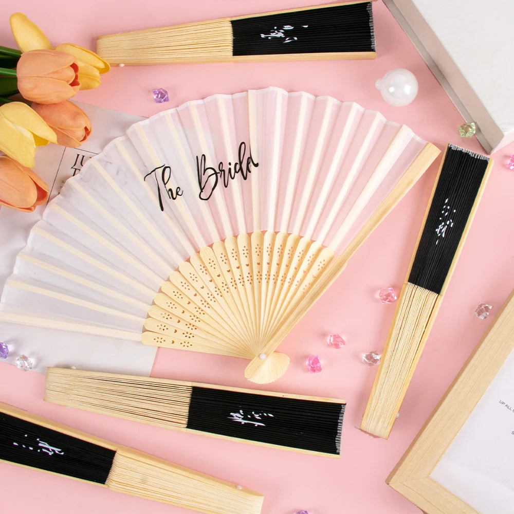 Bridal Shower Paper Bamboo Fans Folded Hand Fan Handheld Fans Bridesmaid Gifts for Wedding Bride Bachelorette Party Supplies