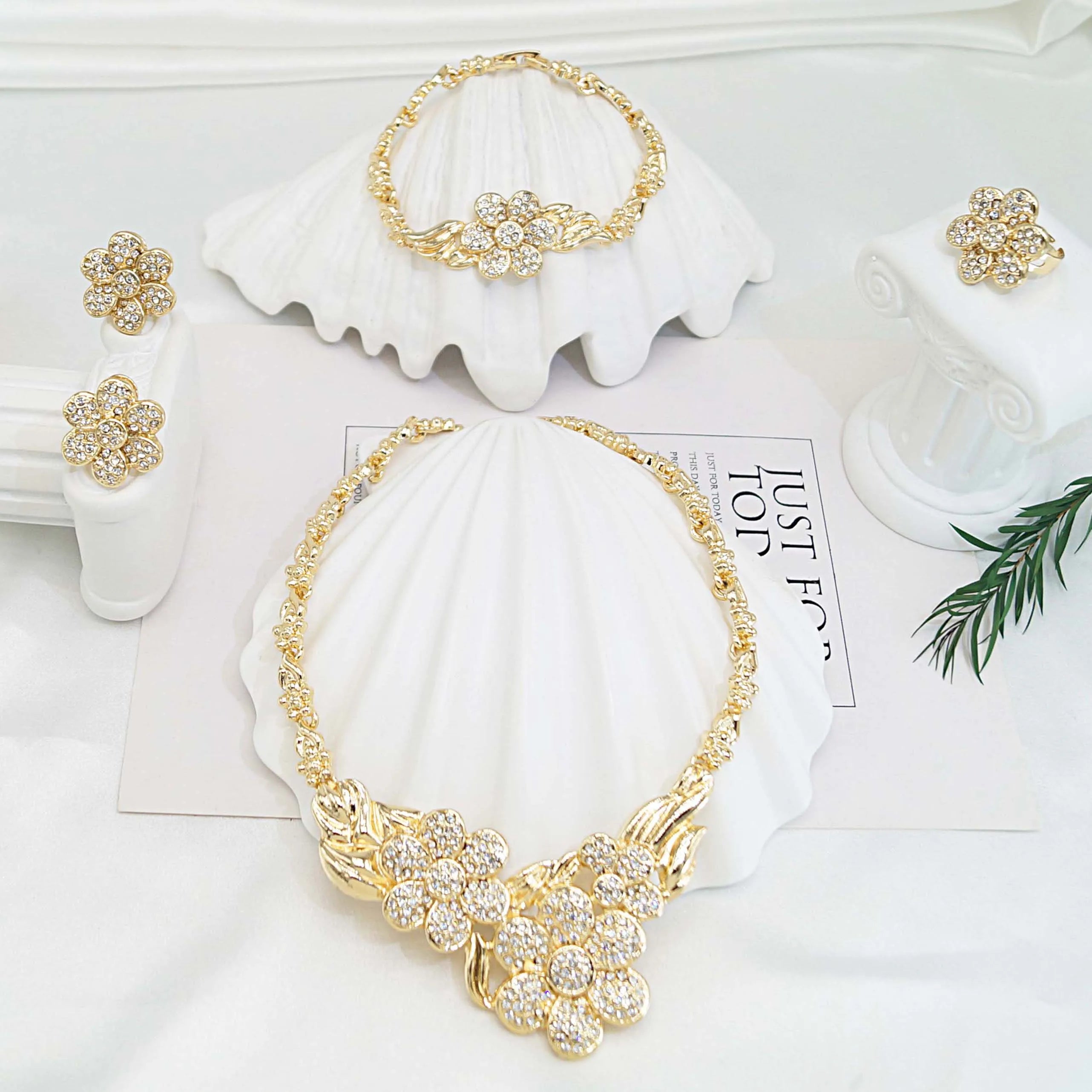 Elegant Women's Jewelry Set with Exquisite Flower Pendant Necklace Earrings  Ring and Gold-plated Bracelet Holiday Gifts