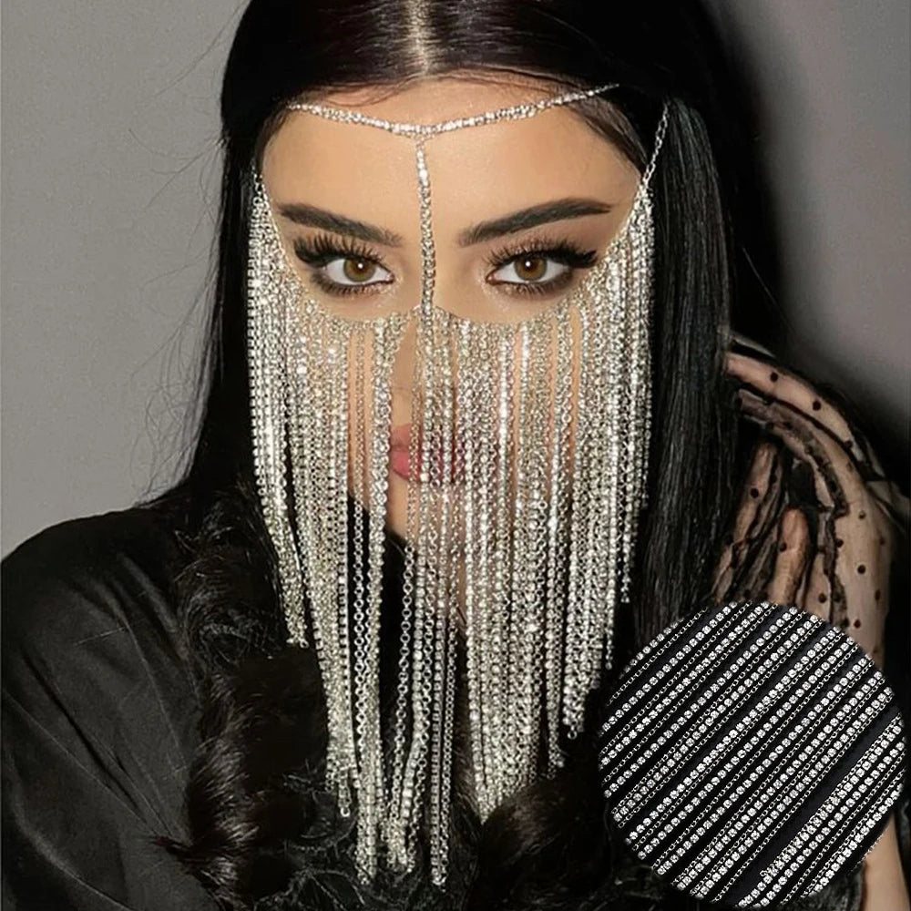 Fashion Charming Rhinestone Tassel Veil Masks for Women Bohe Face Jewelry Chain Masquerade Dance Party Sexy Costume Accessories