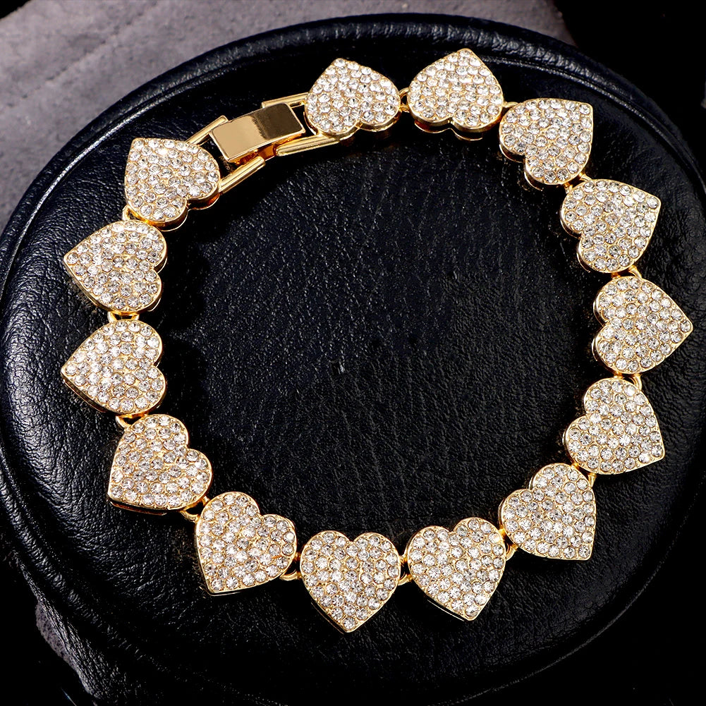 Fashion Shiny Full Rhinestone Heart Anklets Bracelet For Women Iced Out Crystal Cuban Link Chain Anklet Summer Barefoot Jewelry
