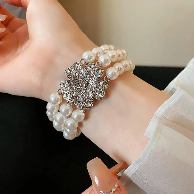 Flower Party Necklaces Women French Luxury Imitation Pearl Multi-layer Necklaces Bracelet Earrings Shiny Rhinestone Jewelry Sets