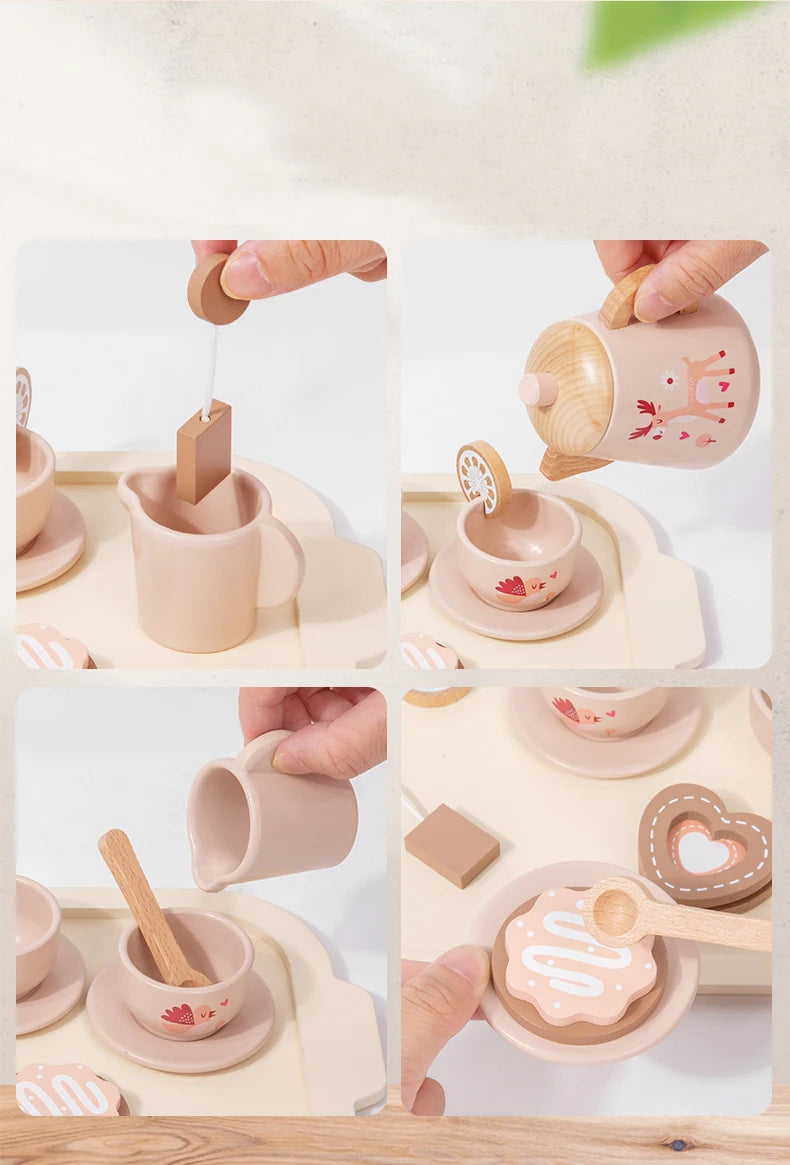 Children's Wooden Simulation Afternoon Tea Dessert Teapot Tableware Kitchen Tea Set Set Baby Puzzle Play Toy