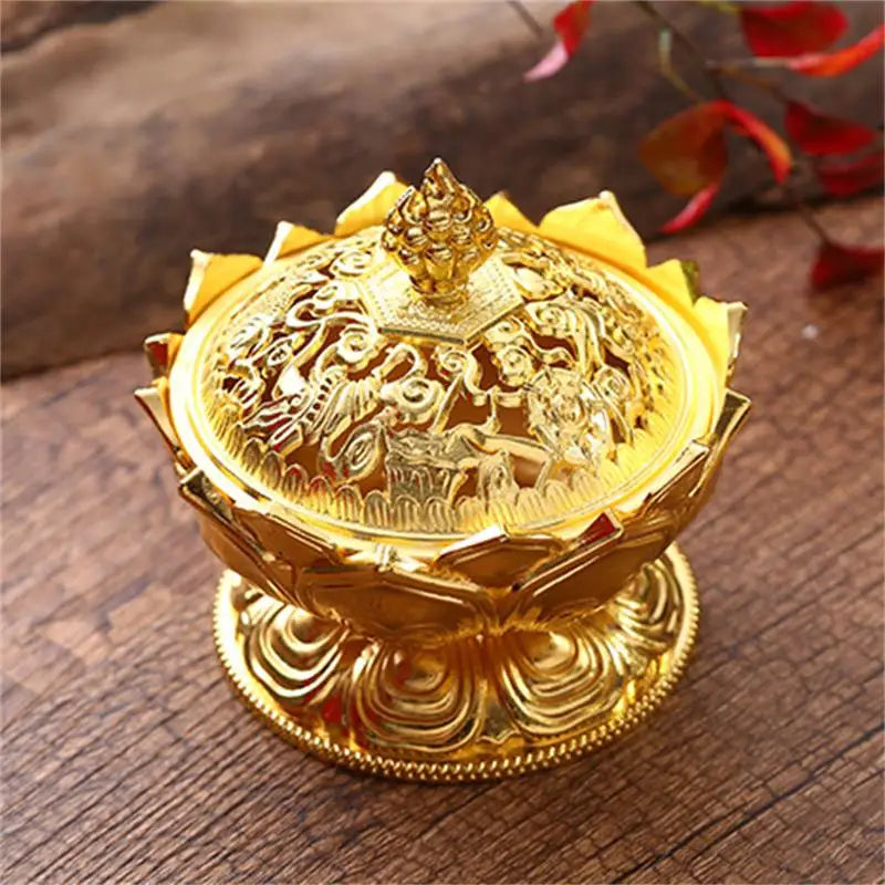 Alloy Incense Burner Chinese Buddha Lotus Flower Incense Holder Handmade Censer for Buddhist Home Office Decoration