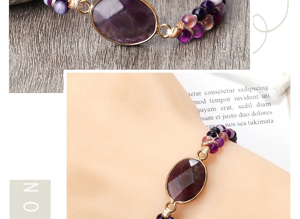 Purple Crystal Agate Stone Wrap Bracelet Charm String Braided Yoga Beaded Bracelets Bangles Bohemian Gift Jewelry for Women Men