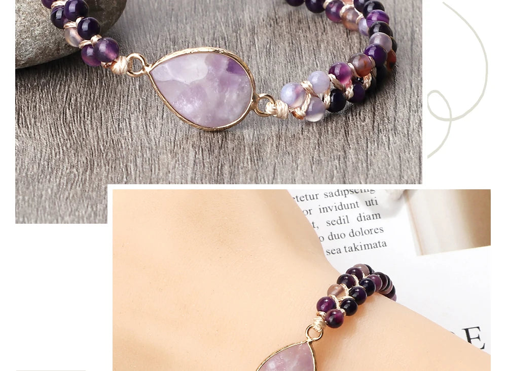 Purple Crystal Agate Stone Wrap Bracelet Charm String Braided Yoga Beaded Bracelets Bangles Bohemian Gift Jewelry for Women Men