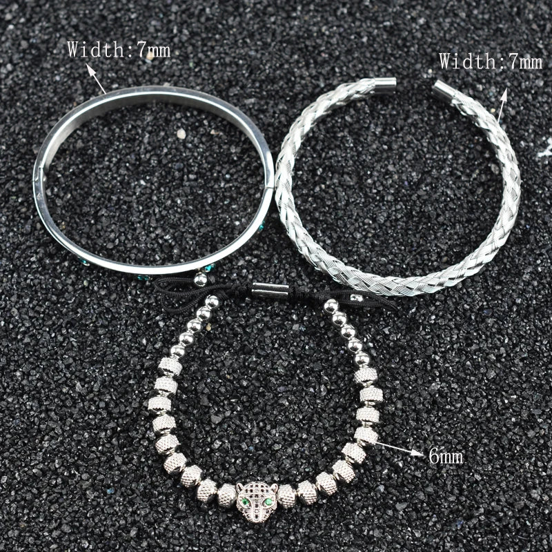 Luxury Set Green Eye Leopard Head Charm Handmade Man Bracelet Crystals Women Stainless Steel Bangles Jewelry