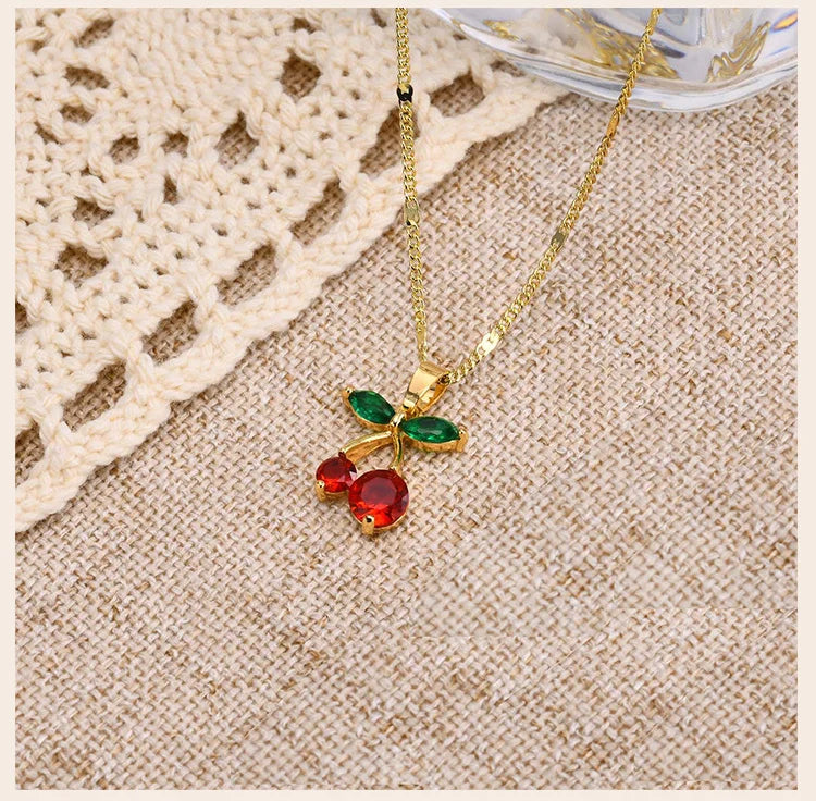 Cherry Charms Necklace for Women,14K Gold Plated Stainless Steel Chain Birthday Gift