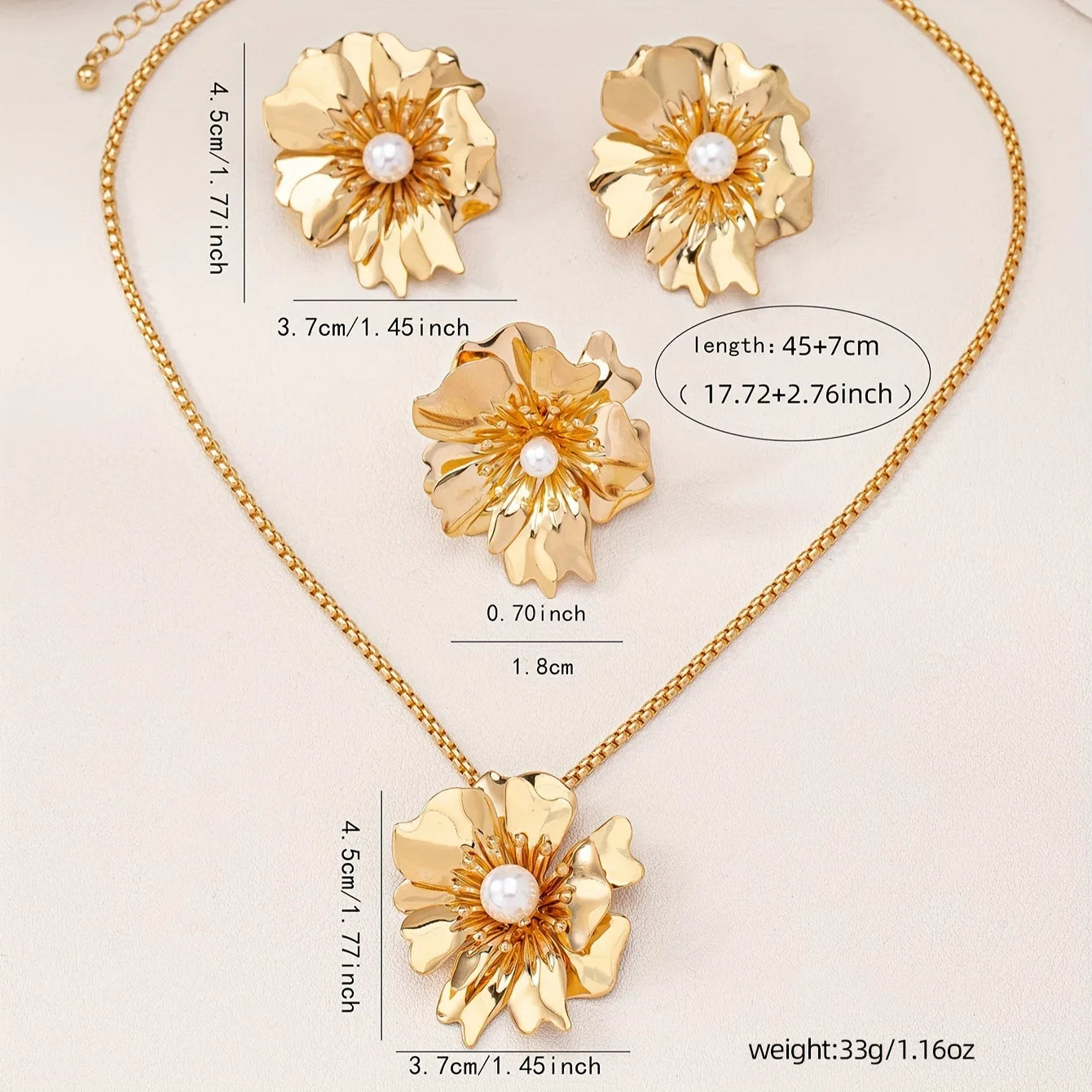 Flower Jewelry Set Gold Color Metal Pearl Petal Pendant  Necklace Earring Ring for Women Party Wholesale Accessories