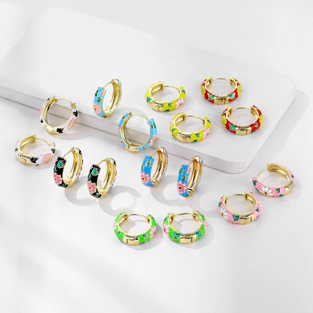 Juya 18K Real Gold Plated Handicraft Bohemia Bridal Handmade Colorful Enamel Daisy Flower Hoop Earrings Women Prevent Allergy