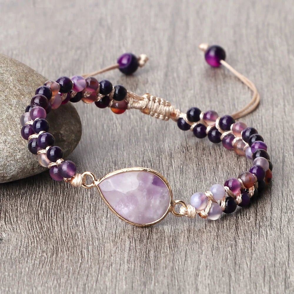 Purple Crystal Agate Stone Wrap Bracelet Charm String Braided Yoga Beaded Bracelets Bangles Bohemian Gift Jewelry for Women Men