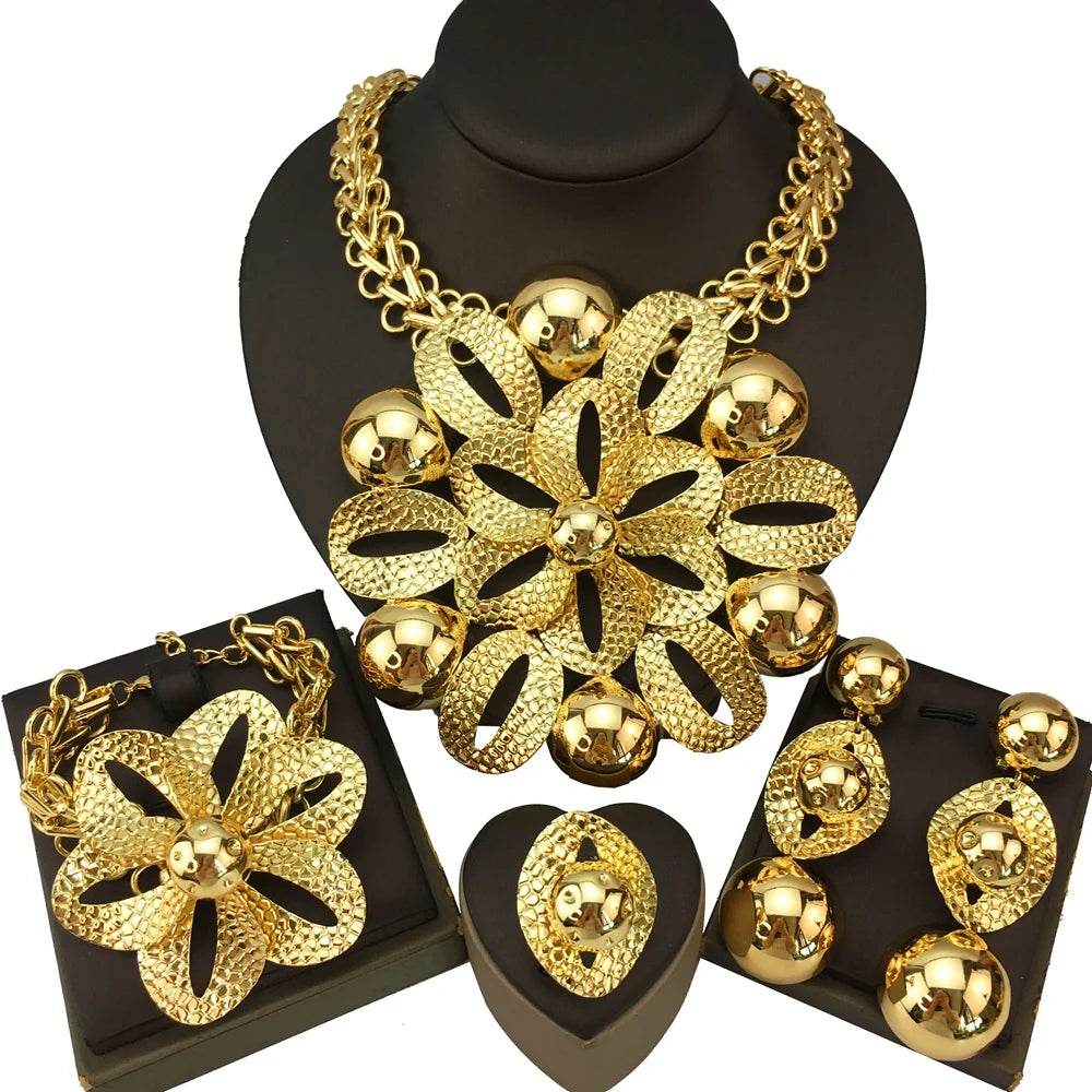 New Fashion Trendy Women Jewelry Set Brazilian Gold-Plated African Wedding Bridal Big Flower Pendant Necklace Gifts FHK18838