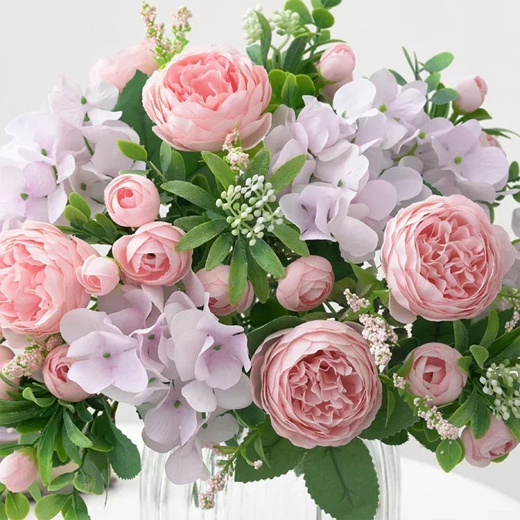 Blue Silk Bouquets Artificial Forest Hydrangea Peony Bud Wedding Bride Hand Bouquet Home Garden Desktop Flower Arrangement Decor