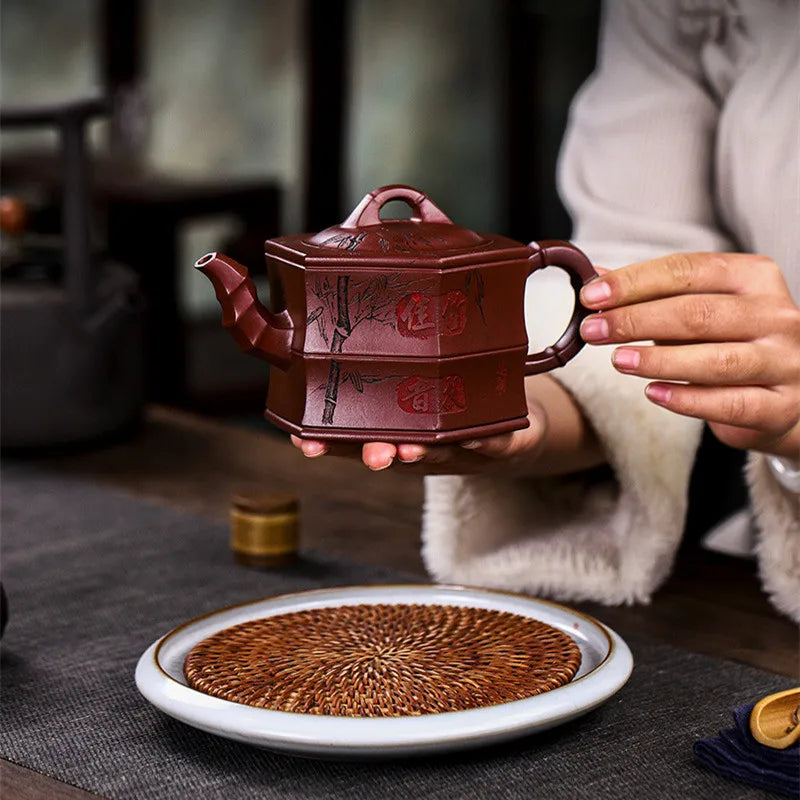 Yixing Handmade Purple Clay Pot Handmade teapot 380ml Dragon Blood Sand Bamboo Rhyme Plum Fragrance Pot Chinese Kung Fu tea set