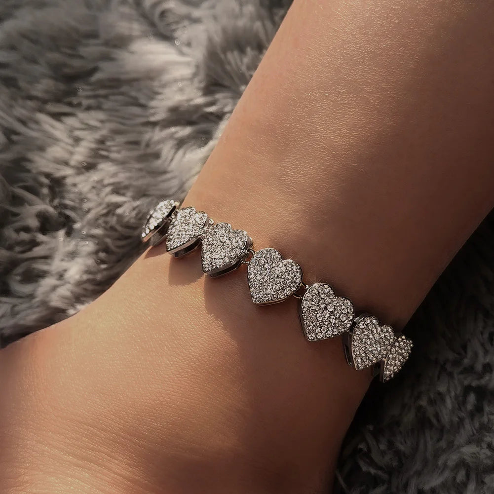 Fashion Shiny Full Rhinestone Heart Anklets Bracelet For Women Iced Out Crystal Cuban Link Chain Anklet Summer Barefoot Jewelry