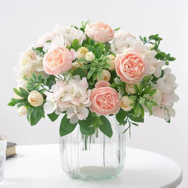 Blue Silk Bouquets Artificial Forest Hydrangea Peony Bud Wedding Bride Hand Bouquet Home Garden Desktop Flower Arrangement Decor