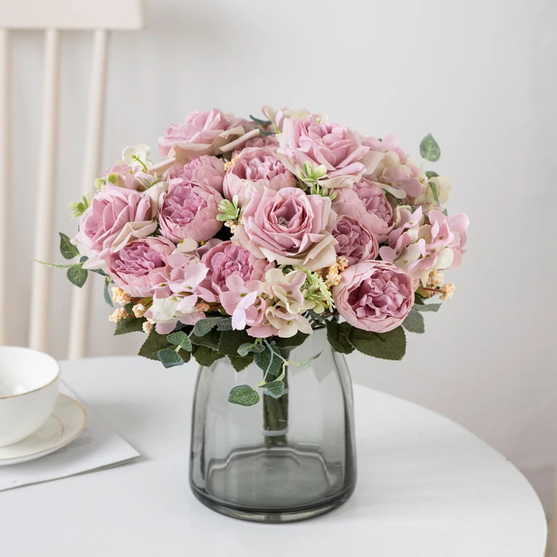 Cheap Silk Hydrangea Spring Wedding Garden Roses Bridal Bouquet Festival Decoration Vase Home Room Fake Peony Artificial Flowers