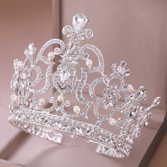 Baroque Vintage Crystal Pearl Big Tiara Crown Diadem Queen King Head Jewelry Bridal Tiaras Wedding Hair Accessories Ornaments