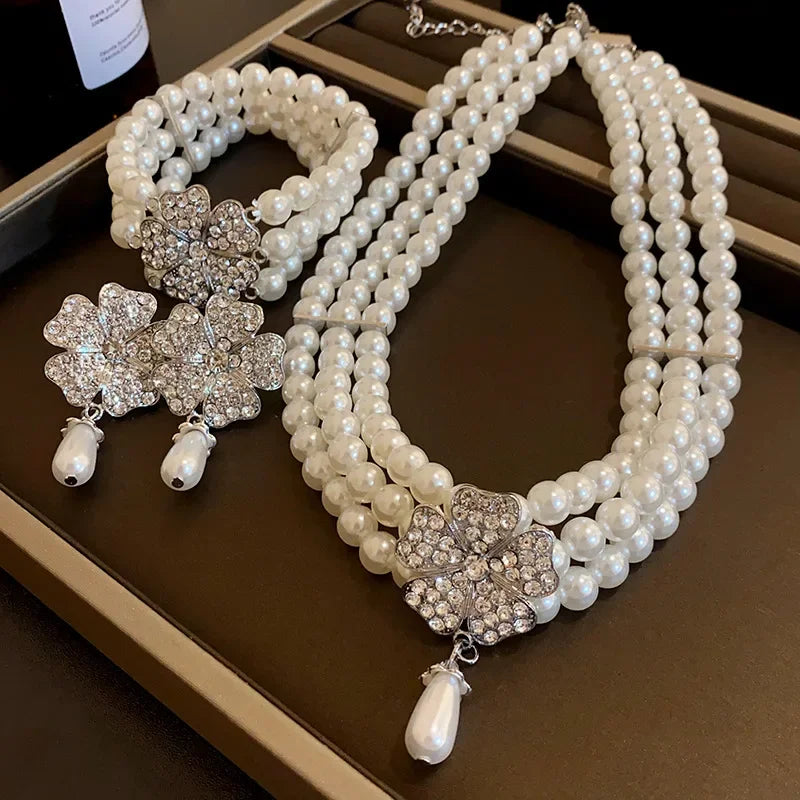Flower Party Necklaces Women French Luxury Imitation Pearl Multi-layer Necklaces Bracelet Earrings Shiny Rhinestone Jewelry Sets