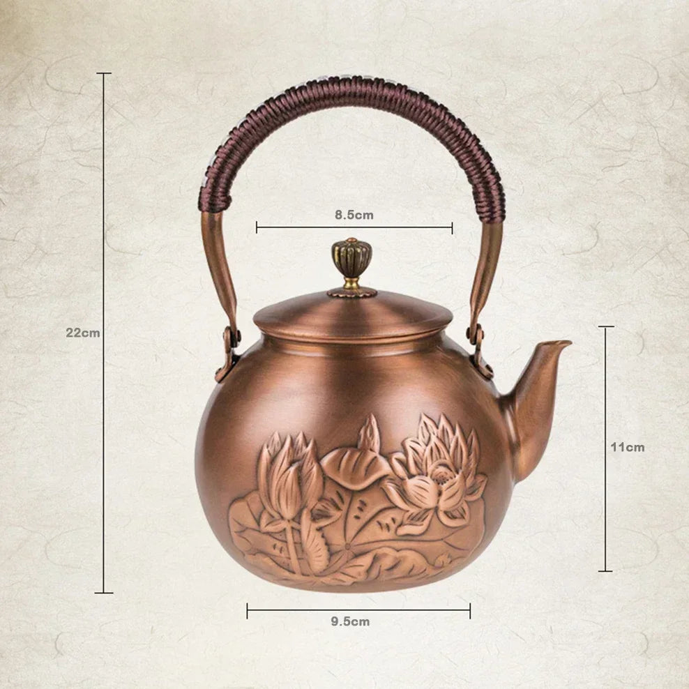 1600ML Antique Pure Copper Teapot Health Boiling Water Pot Handmade Carved Pot Red Copper Tea Set