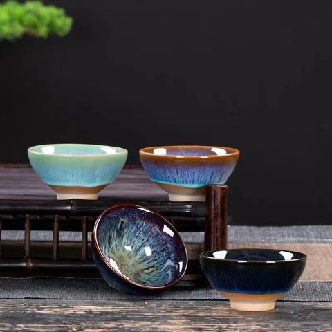 Chinese Kiln Change Ceramic Jianzhan Tea Cup Retro Temmoku Glaze Teacup Blue Pottery Tea Bowl Home Teaware Master Cups Wholesale