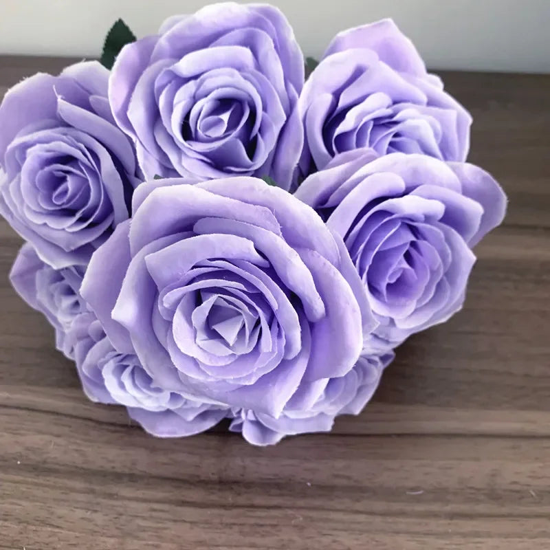 9Heads Roses Bouquet Artificial Flower purple dark purple Rose Fake Rose Living Room Decoration Wedding Livingroom decor Love