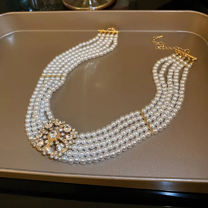 FYUAN Korean Style Multilayer Pearl Choker Necklaces for Women Crystal Zircon flowers Necklaces Weddings Bride Jewelry