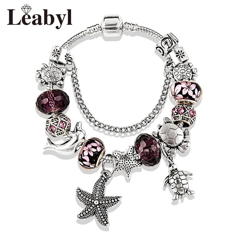Dropshipping HOT Pink Crystal Heart Shell Charm Bracelet Silver Plated Turtle Starfish DIY Beaded Bracelets Casual Jewelry Gift