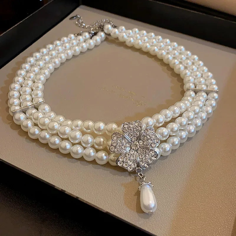 Flower Party Necklaces Women French Luxury Imitation Pearl Multi-layer Necklaces Bracelet Earrings Shiny Rhinestone Jewelry Sets