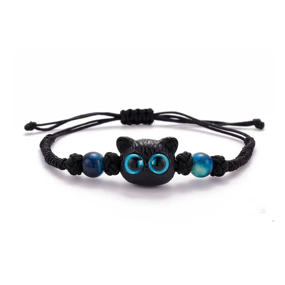 2pcs Cute Natural Stone Black Cat Bracelet for Women Men Fashion Cartoon Animal Beaded Bracelets Handmade Fashion Girl Jewelry