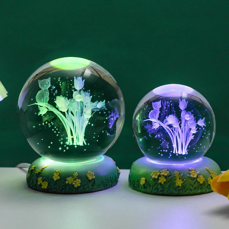 Carved Rose Carnation Flower Crystal Ball Small Night Lamp Home Warm Small Ornaments Birthday Gift Gift
