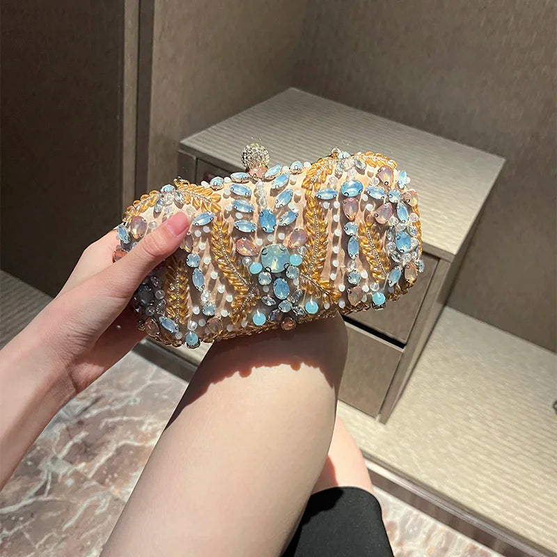New Champagne Dinner Bag Colorful Rhinestone Handheld Bag European and American Style Women's Evening Dress Bag Storage Bag