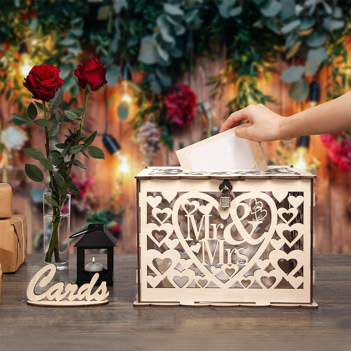 Wooden Wedding Gifts Card Boxes With Lock Mr&Mrs Couple Flower Pattern Envelope Sign Cards Wood Box DIY Rustic Wedding Supplies