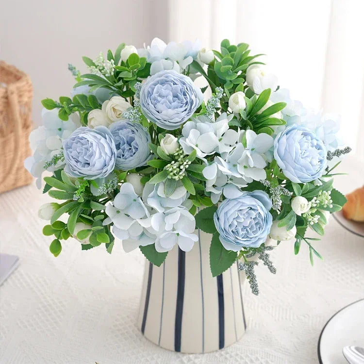 Blue Silk Bouquets Artificial Forest Hydrangea Peony Bud Wedding Bride Hand Bouquet Home Garden Desktop Flower Arrangement Decor