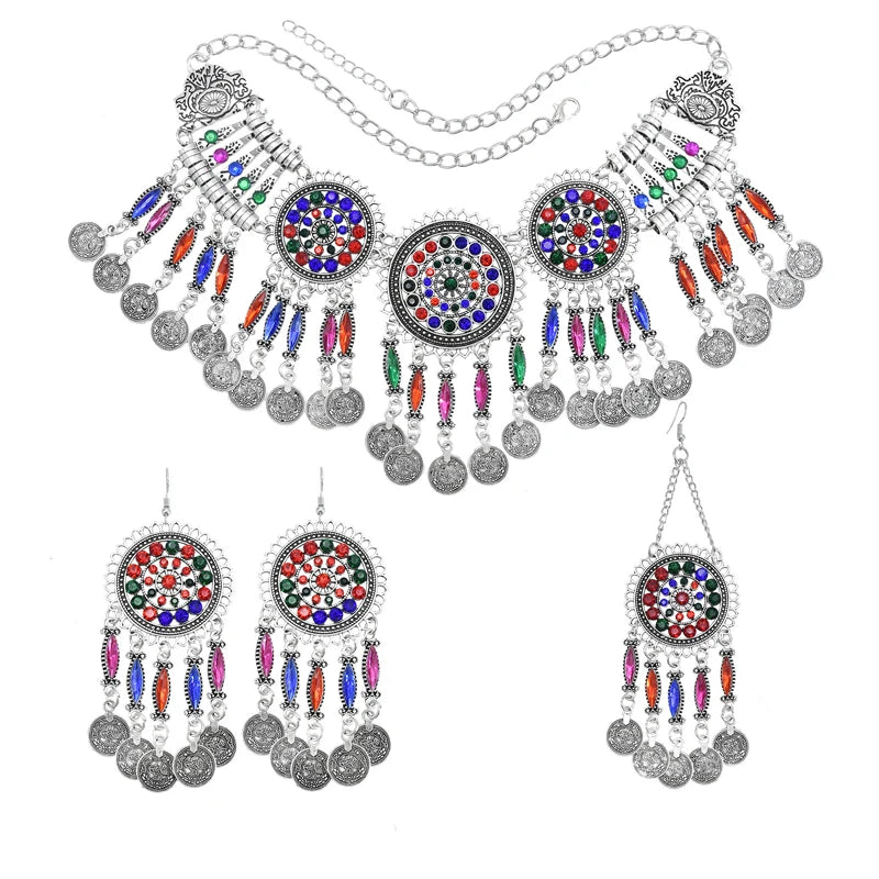 3PC Indian Afghan Jewerly Sets for Women Boho Ethnic Hairbands Necklace Earrings Coins Tassels Vintage Colorful Crystal Drop