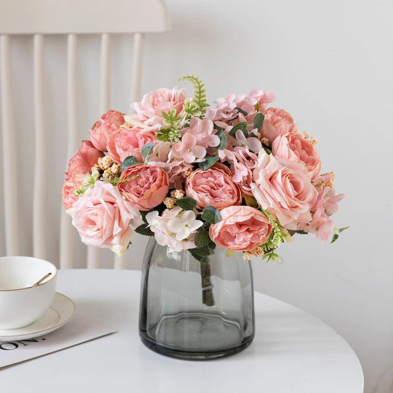 Cheap Silk Hydrangea Spring Wedding Garden Roses Bridal Bouquet Festival Decoration Vase Home Room Fake Peony Artificial Flowers