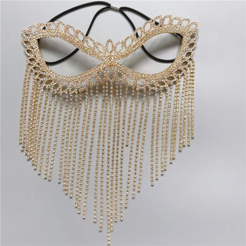 Fashion Charming Rhinestone Tassel Veil Masks for Women Bohe Face Jewelry Chain Masquerade Dance Party Sexy Costume Accessories