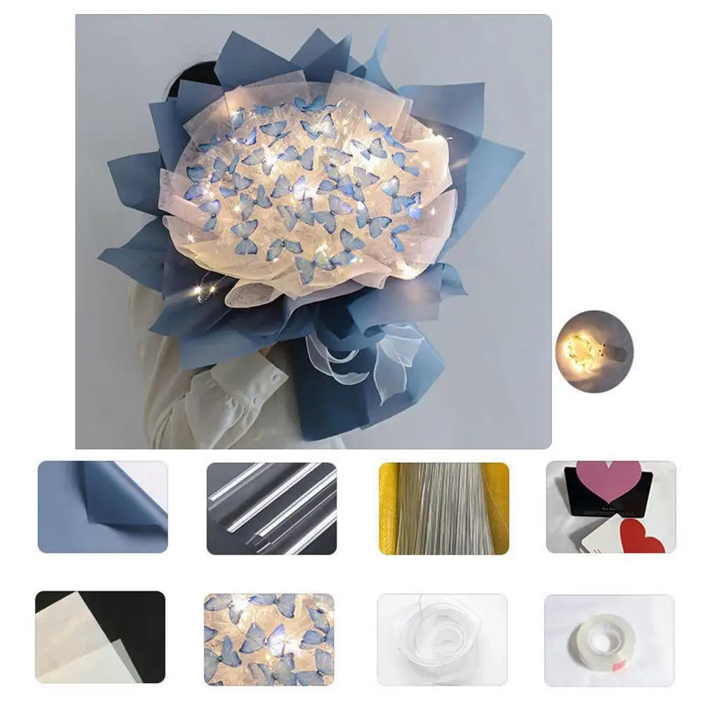 Artificial Butterfly Bouquet Material Kit DIY Handmade Butterfly Flower Bouquets With LED Light Wedding Decor Girlfriend Gifts