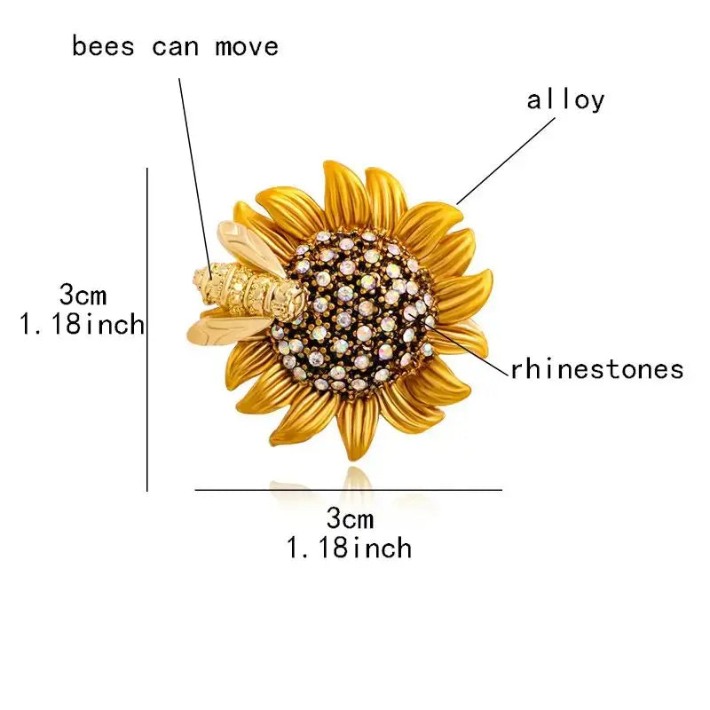 Trendy Sunflower Bee Alloy Zirconia Brooches For Women Girls Gold Color Flower Metal Crystal Jewelry Party Birthday Daily