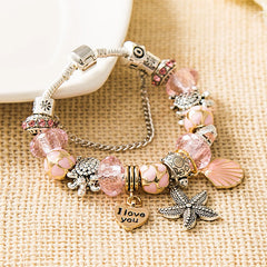 Dropshipping HOT Pink Crystal Heart Shell Charm Bracelet Silver Plated Turtle Starfish DIY Beaded Bracelets Casual Jewelry Gift
