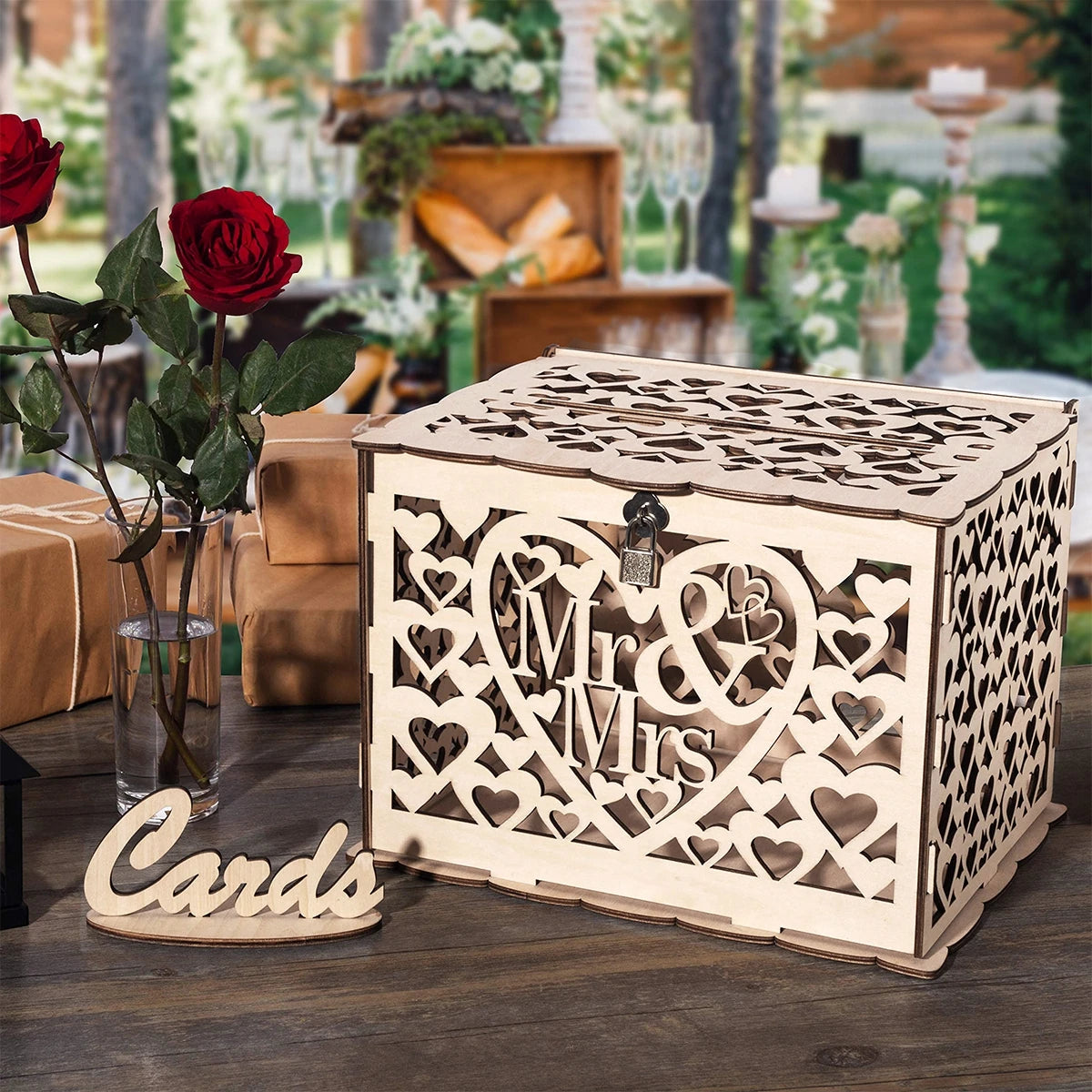 Wooden Wedding Gifts Card Boxes With Lock Mr&Mrs Couple Flower Pattern Envelope Sign Cards Wood Box DIY Rustic Wedding Supplies