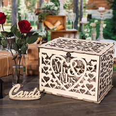 Wooden Wedding Gifts Card Boxes With Lock Mr&Mrs Couple Flower Pattern Envelope Sign Cards Wood Box DIY Rustic Wedding Supplies