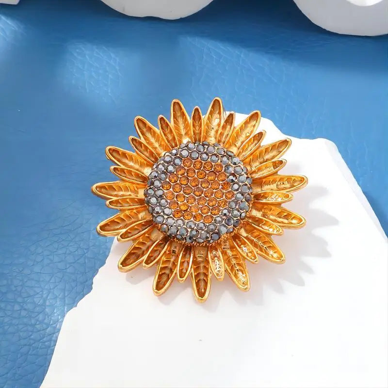 Trendy Sunflower Bee Alloy Zirconia Brooches For Women Girls Gold Color Flower Metal Crystal Jewelry Party Birthday Daily