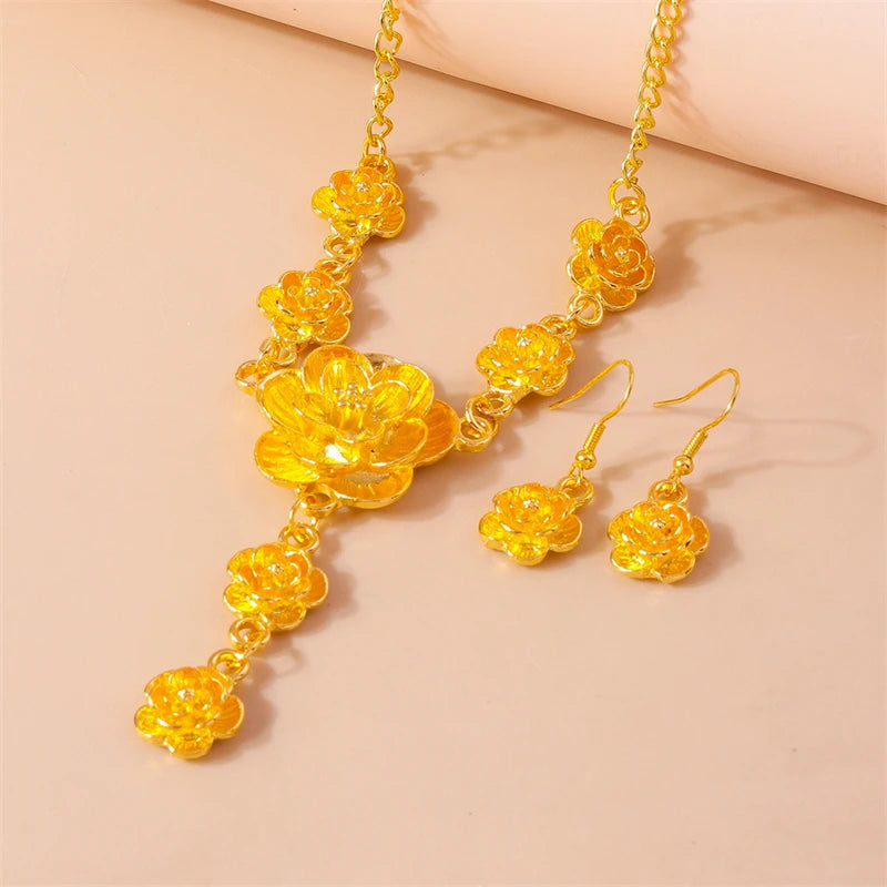 Elegant Flower Pendant Necklace Earrings Set for Women Bridal Wedding Jewelry Gifts